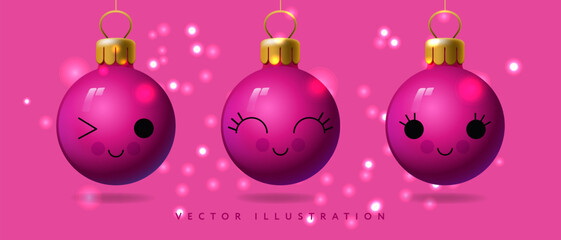 Christmas glass pink balls. Mockup of Christmas pink ball with decoration cute emoji faces, hanging on gold ribbon. Festive decoration objects