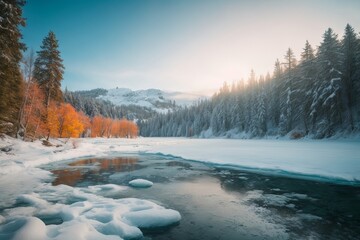 Tranquil Winter Landscape: Frozen Lake Amongst Pine Trees