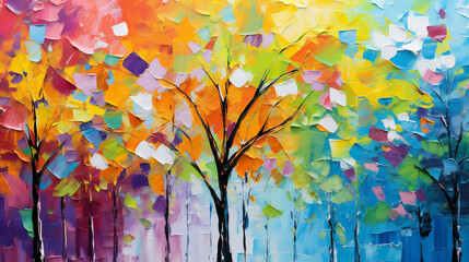 Abstract rough colourful  art painting of trees, with oil brushstroke, pallet knife paint on canvas,vivid colours, impasto technique. Ai generative.