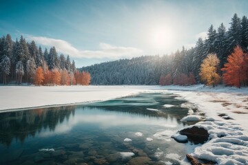 Tranquil Winter Landscape: Frozen Lake Amongst Pine Trees