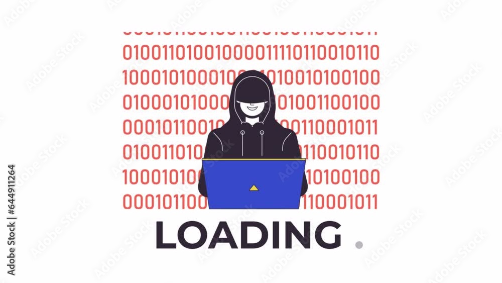 Poster hacker binary code line 2d loading animation. malware detection. dark web user, hacktivist animated 