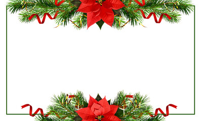 Christmas tree branches, bells and red poinsettia flower in a holiday frame isolated on white or transparent background