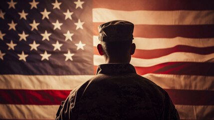 Silhouette of soldier standing in front of American flag hanging on the wall. Shot from behind. Patriotic duty and pride.