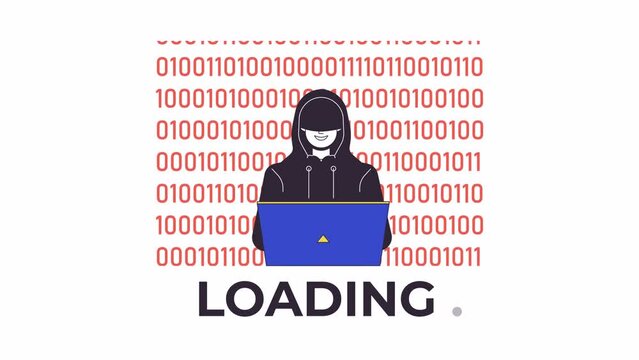 Hacker binary code line 2D loading animation. Malware detection. Dark web user, hacktivist animated cartoon linear character 4K video loader motion graphic. Coding security download process gif