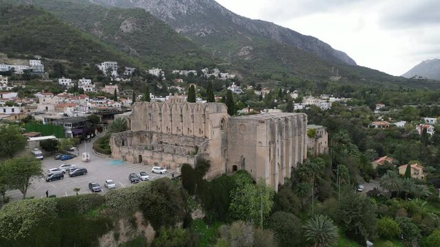 Aerial view of Bellapais Abbey, ruins of a beautiful monastery and church in Northern Cyprus