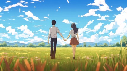 Anime Sunshine Two Smiling Figures Holding Hands in a Sunny Summer Field.