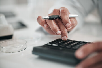 Businessman, writing and hands with a calculator and pen for profit, numbers or working on tax, income or finance report. Accounting, calculations or person with financial budget, planning or saving