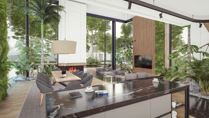 3d rendering of expensive cozy interior with green walls with living dining zone stair and kitchen for sale or rent. Spacious apartments with expensive furniture, equipment and flowers