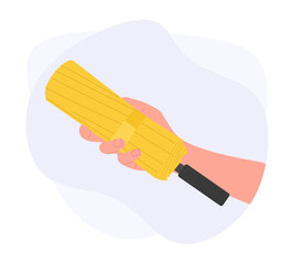 Hand holding closed yellow umbrella. Protective accessory for rainy weather. Human hand hold parasol, seasonal accessory in flat style. closed umbrella in arm. Vector illustration