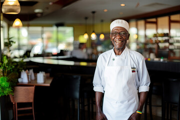 Fototapeta na wymiar Mature afro chef in clear glasses, uniform with white hat and white blank apron standing smiling on blurred bar background. Mock-up for design. Blank template.