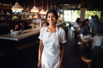 Obraz na płótnie Canvas A smiling young woman of Indian origin standing in a blank white kitchen apron on a blurred background of a dark bar and restaurant. Mock-up for design. Blank template.