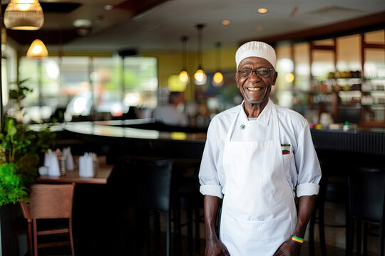 Mature afro chef in clear glasses, uniform with white hat and white blank apron standing smiling on blurred bar background.  Mock-up for design. Blank template.