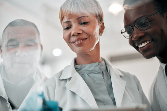 Doctors, Woman And A Team Writing And Planning Ideas On Glass Board In Hospital For Collaboration. Medical Staff, Diversity Or Leader With Healthcare Strategy, Schedule Or Solution In Science Meeting