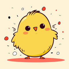 Vector Illustartion of cute yellow little cartoon chick isolated on background. Funny farm bird design. Hand drawn doodle or comic style, logo, card.