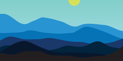 Landscape mountain of blue illustration silhouettes flat design, view, sun