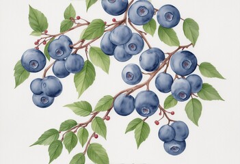 blueberry branches with leaves on white background isolated with watercolor theme.