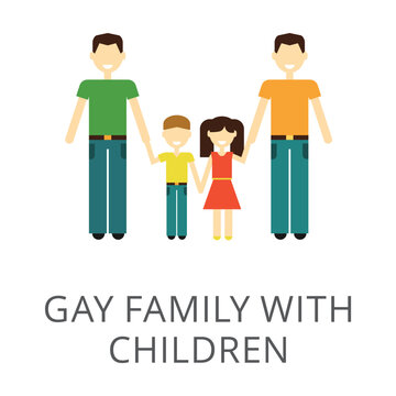 Happy gay family with two children isolated on white. Colored flat vector icon of homosexual couple with kids. Human relationship concept