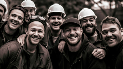 Male group of happy construction workers in hardhats, looking at camera.Male engineers contractors - obrazy, fototapety, plakaty