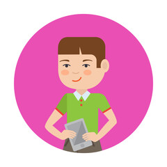 Student holding digital tablet in hand flat vector circle icon. Young boy in green shirt using electronic device for studies isolated on white background. Children activities, technology concept