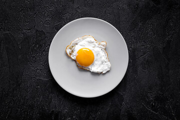 Fried egg on white plate, top view. Food background