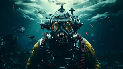 Scuba diver man swimming in the underwater sea,  close up face of man wearing mask, Generative AI - Powered by Adobe