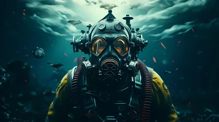 Poster Scuba diver man swimming in the underwater sea,  close up face of man wearing mask, Generative AI © NOMI