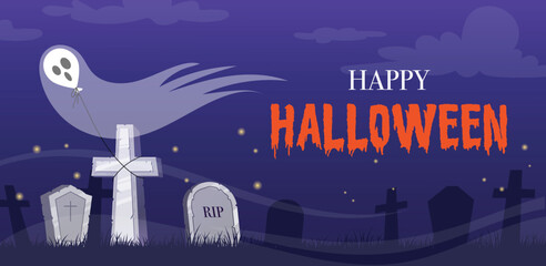 vector hand drawn halloween background. cemetery, ghost, night.