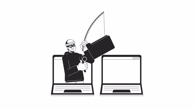 Phishing scam bw outline 2D animation. Wire fraud with fishing rod catching computer folder 4K video motion graphic. Email danger monochrome linear animated cartoon flat concept, white background