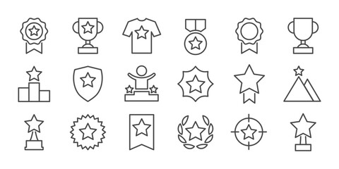 Set with award, award with number 1, one, trophy cup, trophy cup with star winner medal, trophy star, user with rating vector line icon 