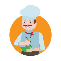 French chef in uniform and cap. Cook stirring sauce in wide bowl. Multicolored flat vector circle icon representing man activities and professions concept isolated on white background