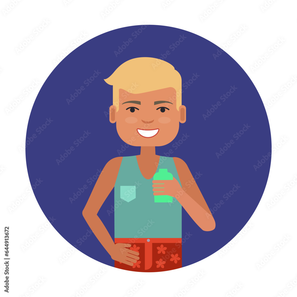 Canvas Prints Boy drinking cool water from bottle flat vector circle icon. Happy young man with short blond hair in summer clothes enjoying drink isolated on white background. Children activities, vacation concept