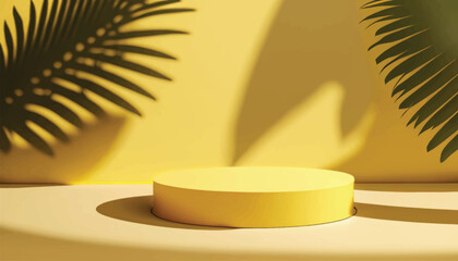 Vector Abstract Creative layout made of yellow studio background for product placement or display with a circular plinth in front of two blank round wall plaques with the shadows of palm tree fronds.