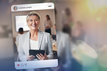 Tablet, business and social media with a senior woman on screen for management, leadership or double exposure. Profile picture, status or update and a confident corporate CEO on a display with space - obrazy, fototapety, plakaty