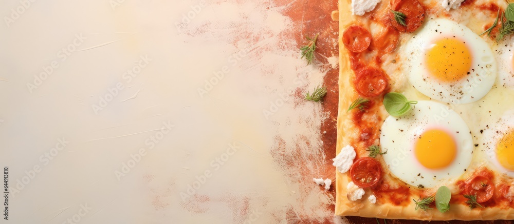 Aufkleber a delicious and nutritious square bread with chicken eggs ham mayo and oregano tomato sauce on a bla