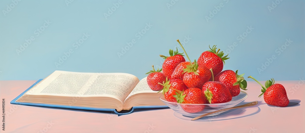 Poster a stunningly adorned strawberry on a isolated pastel background copy space coupled with a writing bo