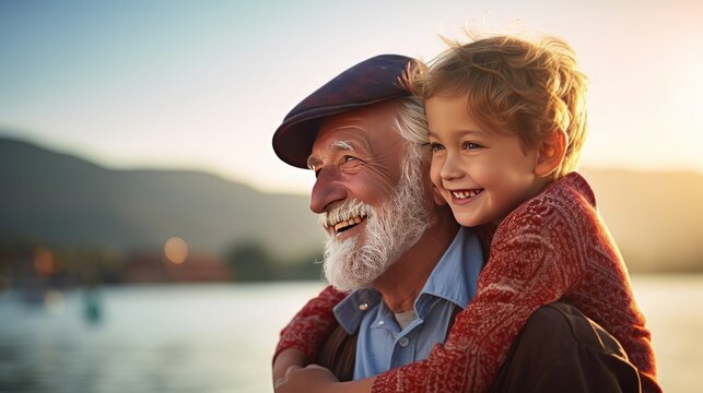 Grandfather and Grandson Enjoying Lakeside Quality Time. Generative ai.