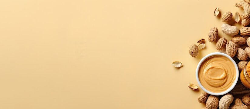 Isolated isolated pastel background Copy space snack with peanuts and fresh peanut butter a protein super food Copy space