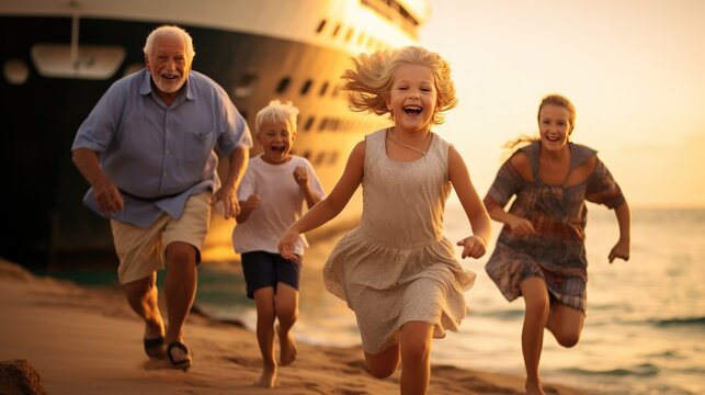 Sunset Beach Fun: Grandparents and Children Enjoying a Happy Summer Vacation Run. Generative ai.