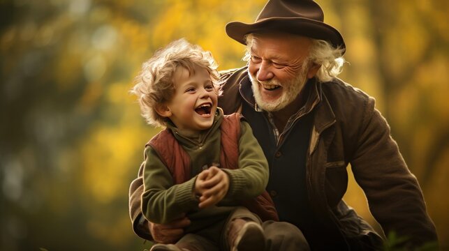 Grandfather and grandson having fun in autumn forest. Grandfather and grandson spending time together. Generative ai.