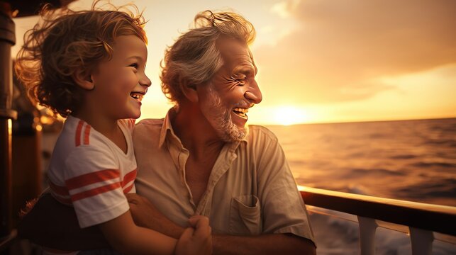 Joyful Grandfather and Grandson on a Sunset Cruise: Creating Lifelong Memories at Sea. Generative ai.