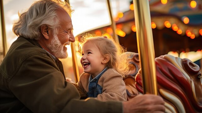 Evening Delight: Grandfather and Granddaughter Sharing Laughter and Play on the Amusement Park Carousel. Generative ai.