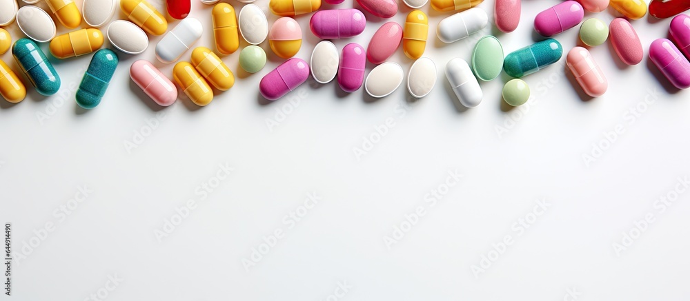Poster closeup of multicolored pills ampules and capsules isolated on a isolated pastel background copy spa