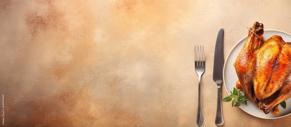 Poster Roast turkey with utensils on a isolated pastel background Copy space focused