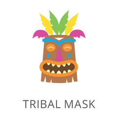 Tribal festive mask isolated on white. Colored flat vector icon of mask made of feathers. Travelling and tourism concept