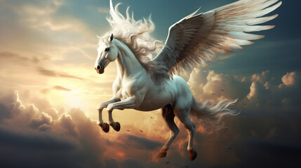 Obraz na płótnie Canvas Winged horse pegasus flies against the sky