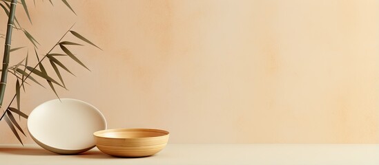 Two bamboo bowls on a isolated pastel background Copy space