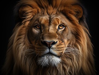 Portrait of Big male lion on black background.