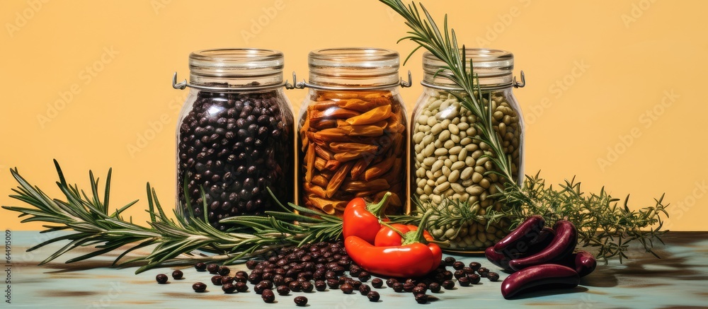 Poster red beans and black peppers mixed with rosemary pastas and assorted spices in glass bottles of three