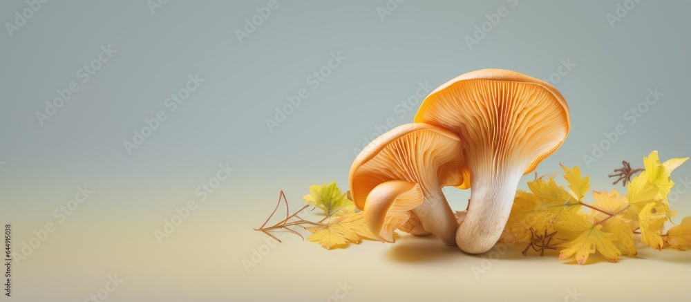 Aufkleber the fungus known as cantharellus cibarius grows on isolated pastel background copy space and is comm