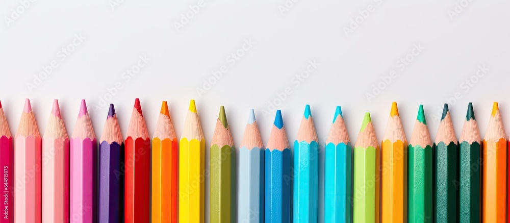 Poster close up image of colored pencils on a isolated pastel background copy space